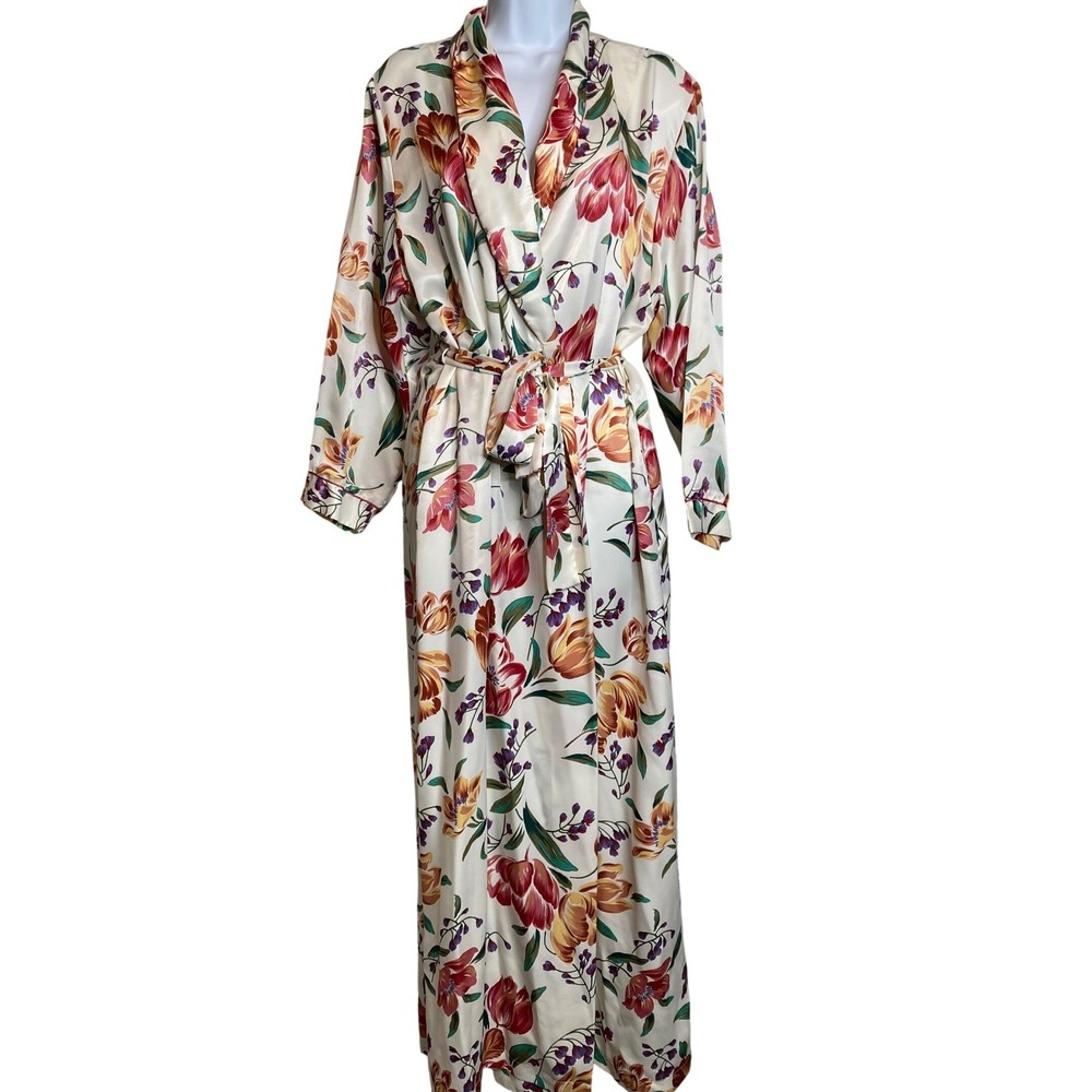 Vintage Eve Stillman Womens Cream Floral Satin Long Wrap Robe Sz S Victorian